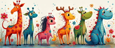 A delightful lineup of cartoon animals, each bursting with personality and vivid colors, stands against a soft, floral backdrop. This playful scene radiates joy and creativity, inviting viewers into a fantastical world filled with imagination and charm.の素材