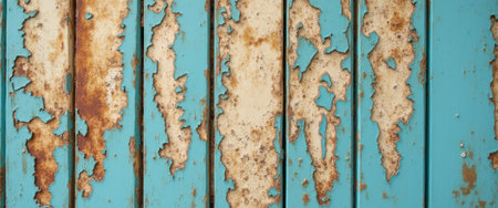 A striking close-up of weathered turquoise wooden panels reveals layers of peeling paint, showcasing a beautiful contrast of rust and faded colors. This textured image evokes a sense of nostalgia and the passage of time, perfect for backgrounds or artistic projects.の素材