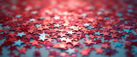A dazzling array of red and silver star-shaped confetti creates a festive and celebratory atmosphere, perfect for any joyful occasion. The glimmering stars catch the light, inviting a sense of wonder and excitement, making it ideal for party decorations or holiday celebrations.の素材