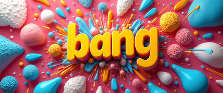 A vibrant and playful composition features the word bang in striking yellow, surrounded by an explosion of colorful shapes and textures. This lively scene bursts with energy, showcasing a mix of blue, pink, and white elements that evoke a sense of fun and creativity.の素材
