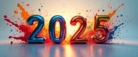 The bold, shiny numbers 2025 stand out against a backdrop of dynamic paint splashes in vivid colors, creating an energetic and celebratory atmosphere. This striking image captures the excitement of the New Year, symbolizing fresh beginnings and vibrant possibilities ahead.の素材