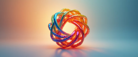 An intricate knot sculpture glows with a spectrum of vibrant colors, creating a mesmerizing focal point against a soft gradient background. This captivating piece embodies creativity and imagination, inviting viewers to explore the beauty of abstract art and the interplay of light and color.の素材