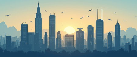A breathtaking city skyline is silhouetted against a vibrant sunset, where the sun peeks through the towering buildings. The scene is alive with the promise of a new day, as birds soar gracefully across the sky, adding a touch of freedom to the urban landscape.の素材