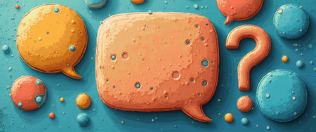 A playful arrangement of vibrant speech bubbles and a question mark pops against a soothing blue backdrop, inviting curiosity and conversation. The lively colors and textures create an engaging atmosphere, perfect for themes of communication and inquiry.の素材