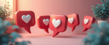 A captivating scene featuring floating red speech bubbles adorned with white hearts, set against a soft pink background. This visually striking image symbolizes love and connection in the digital age, inviting viewers to engage with the warmth of social interactions.の素材