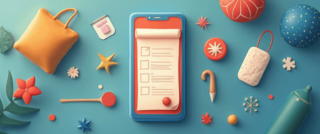 A vibrant smartphone displays a checklist, surrounded by an array of whimsical 3D objects like flowers, stars, and playful shapes. This lively composition evokes a sense of creativity and organization, inviting viewers to embrace their playful side while staying on top of their tasks.の素材