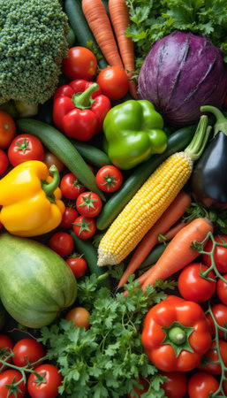 A stunning array of fresh vegetables showcases a rainbow of colors, from bright red tomatoes to vibrant green peppers and rich purple cabbage. This bountiful display of natures produce evokes feelings of health and vitality, perfect for inspiring culinary creativity and wholesome eating.の素材