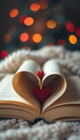 An open book lies on a cozy blanket, its pages elegantly folded to create a heart shape, cradling a vibrant red heart inside. This enchanting scene, set against a backdrop of soft, blurred lights, evokes feelings of love, warmth, and the magic of storytelling.の素材