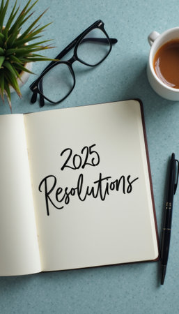 An open notebook with the words 2025 Resolutions elegantly written on the page sits on a soft blue surface, accompanied by a stylish pair of glasses and a steaming cup of coffee. This inviting scene captures the essence of goal-setting and self-improvement, encouraging viewers to reflect on their aspirations for the upcoming year.の素材