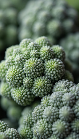 This stunning close-up captures the intricate details of fresh broccoli florets, showcasing their vibrant green hues and unique textures. The image highlights the natural beauty of this nutritious vegetable, inviting viewers to appreciate its organic form and freshness.の素材