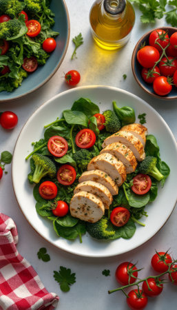 A vibrant plate of grilled chicken slices rests atop a bed of fresh spinach and broccoli, adorned with juicy cherry tomatoes. This colorful salad, drizzled with olive oil, embodies health and vitality, inviting you to savor a nutritious meal bursting with flavor.の素材