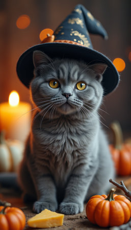 This charming gray cat, adorned with a whimsical witch hat, sits gracefully among vibrant pumpkins and flickering candles. The warm glow of the candles creates a cozy, magical atmosphere, perfect for celebrating the Halloween season with a touch of feline charm.の素材