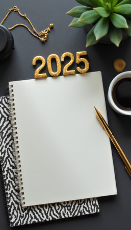 An elegant workspace features a blank spiral notebook, a golden 2025 decoration, and a chic pen, inviting creativity and planning for the new year. The arrangement, complemented by a succulent plant and a coffee cup, creates a warm and inspiring atmosphere perfect for goal-setting and reflection.の素材
