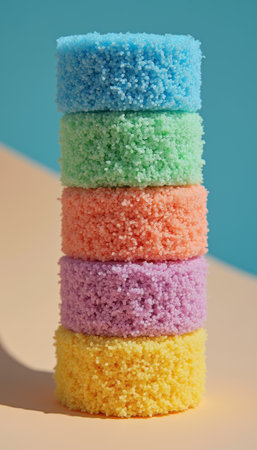 A delightful tower of bath salts in five vibrant colors creates a playful and inviting atmosphere, perfect for relaxation and self-care. Each layer, from soft blue to sunny yellow, evokes a sense of tranquility and joy, inviting you to indulge in a soothing spa experience.の素材