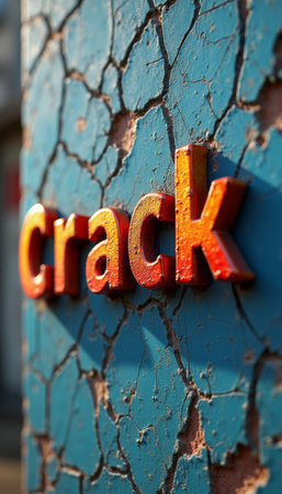 The image features a striking close-up of the word crack in bold, colorful letters against a backdrop of a distressed blue wall, showcasing intricate cracks and textures. This visually captivating scene evokes a sense of urban decay and artistic expression, inviting viewers to ponder the stories behind the wear and tear.の素材
