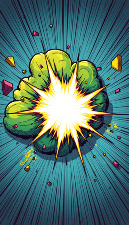 An explosive burst of energy radiates from a central point, surrounded by vivid green and blue hues. This eye-catching illustration captures the essence of action and excitement, making it perfect for comic book themes or dynamic designs.の素材