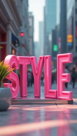 A striking pink STYLE sign stands prominently on a city sidewalk, capturing the essence of modern urban life. The vibrant color contrasts beautifully with the blurred backdrop of skyscrapers and pedestrians, evoking a sense of fashion and energy in the heart of the city.の素材