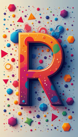 A vibrant 3D letter R bursts with color, adorned with playful polka dots and surrounded by an array of geometric shapes. This lively composition radiates creativity and fun, making it perfect for designs that celebrate joy and imagination.の素材