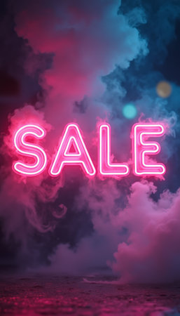 A striking neon sign reading SALE radiates vibrant pink light, surrounded by a mystical haze of colorful smoke. This captivating image creates an electrifying atmosphere, perfect for attracting attention to promotions and special offers.の素材