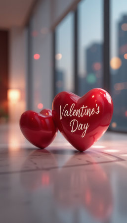 This captivating image features two shiny red hearts resting on a smooth surface, beautifully illuminated by soft natural light. The warm ambiance and the elegant script proclaiming Valentines Day evoke feelings of romance and celebration, making it perfect for expressing love and connection.の素材