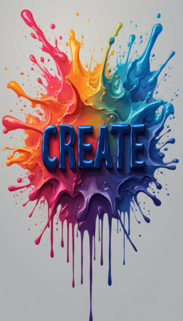 A stunning explosion of colors radiates from the center, where the word CREATE stands out in glossy blue. This artistic design captures the essence of creativity and inspiration, inviting viewers to unleash their imagination.の素材
