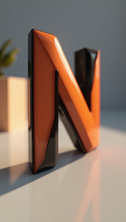 A striking 3D representation of the letter N stands prominently, showcasing a bold orange hue contrasted by glossy black accents. This modern design element exudes creativity and innovation, making it perfect for branding or artistic projects.の素材