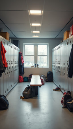 A spacious school locker room features metallic lockers lining the walls, with a central bench inviting relaxation. The scene is filled with a sense of nostalgia and anticipation, as backpacks and scattered shoes hint at the vibrant life of students who frequent this space.の素材