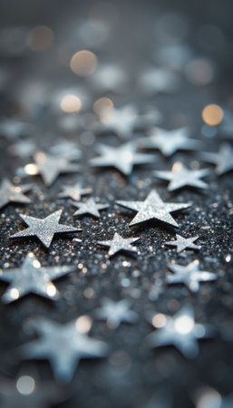 A stunning array of shimmering silver stars twinkles against a deep, glittery backdrop, creating a magical and festive atmosphere. This captivating image evokes feelings of wonder and celebration, perfect for themes of dreams, wishes, and special occasions.の素材