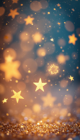 A stunning display of shimmering golden stars dances against a soft blue background, creating a whimsical and enchanting atmosphere. The gentle bokeh effect adds depth and a sense of wonder, inviting viewers to dream and explore the beauty of the night sky.の素材