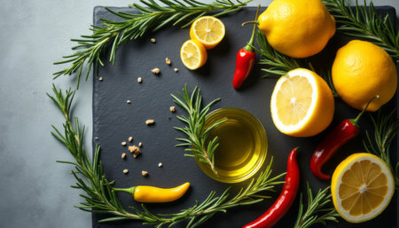 A stunning arrangement of bright lemons and fiery chilies is beautifully framed by fresh rosemary on a dark slate background. This vibrant composition evokes a sense of culinary creativity, inviting viewers to explore flavors and aromas that tantalize the senses.の素材