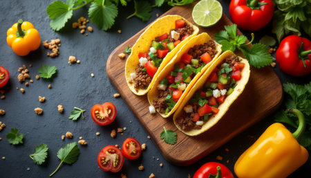 Three vibrant tacos, brimming with seasoned meat and colorful vegetables, are artfully arranged on a rustic wooden board. Surrounded by fresh herbs, tomatoes, and peppers, this mouthwatering scene captures the essence of a festive meal, inviting you to indulge in a burst of flavors.の素材