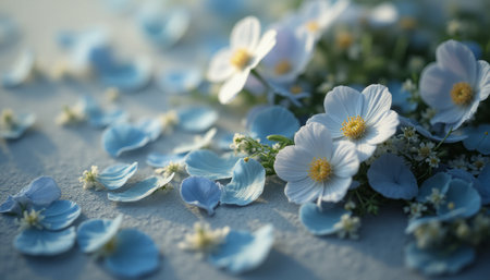 A serene arrangement of soft blue flowers and petals creates a tranquil and dreamy atmosphere. The gentle hues and intricate details invite viewers to appreciate the beauty of nature and the fleeting moments of floral elegance.の素材