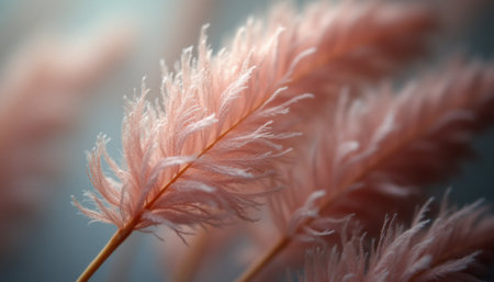 A close-up view of ethereal pink pampas grass showcases its feathery plumes, illuminated by a dreamy, diffused light. This serene composition evokes feelings of tranquility and natural beauty, inviting viewers to appreciate the elegance of natures artistry.の素材