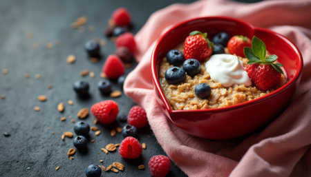 A delightful heart-shaped bowl brimming with creamy oatmeal is adorned with vibrant strawberries, blueberries, and raspberries, creating a feast for the eyes. The scene is beautifully complemented by a dollop of whipped cream and scattered granola, evoking a sense of warmth and comfort perfect for a cozy breakfast.の素材
