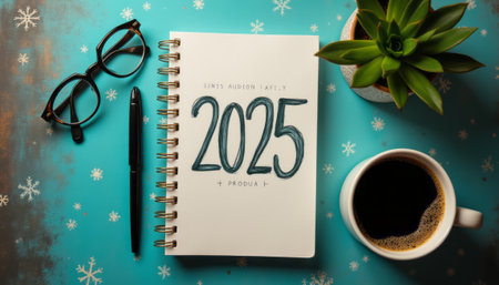 A chic planner for the year 2025 sits open beside a steaming cup of coffee and stylish glasses, all set against a lively blue backdrop. This inviting scene captures the essence of planning and productivity, perfect for inspiring creativity and organization in the new year.の素材