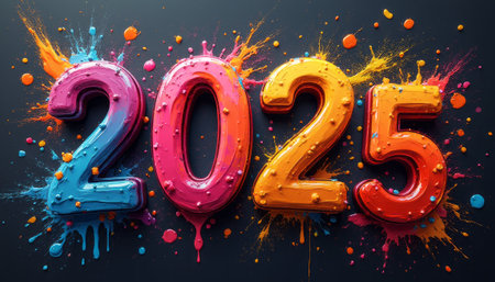 The bold, glossy numbers 2025 burst with energy, surrounded by a riot of colorful paint splashes in pink, orange, and blue. This dynamic composition captures the excitement of the New Year, inviting viewers to celebrate fresh beginnings and vibrant possibilities.の素材