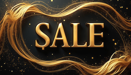 A stunning display of the word SALE in elegant golden letters, surrounded by shimmering particles and flowing golden strands. This eye-catching design radiates opulence and excitement, perfect for attracting attention to special promotions and discounts.の素材