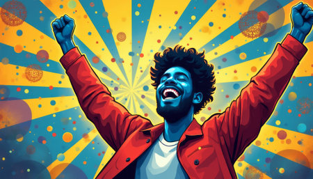 A jubilant young Black man with curly hair raises his arms in triumph against a backdrop of radiant yellow rays and colorful circles. This dynamic image captures the essence of joy and victory, inviting viewers to share in the exuberance of the moment.の素材