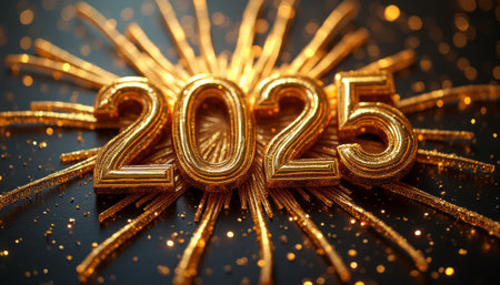The image features the bold, shimmering numbers 2025 in a dazzling gold finish, surrounded by a burst of golden sparkles. This festive scene captures the excitement of New Years celebrations, symbolizing hope and new beginnings as we welcome the upcoming year.の素材