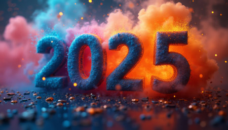 The bold numbers 2025 emerge from a cloud of colorful smoke, creating a dynamic and festive atmosphere. This striking image captures the excitement and anticipation of the New Year, with vibrant hues of blue, orange, and pink blending together in a celebratory display.の素材