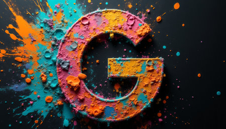 A striking letter G emerges from a vibrant explosion of paint splatters in electric hues of orange, pink, and turquoise. This dynamic composition captures the essence of creativity and energy, inviting viewers to explore a world of artistic expression and innovation.の素材