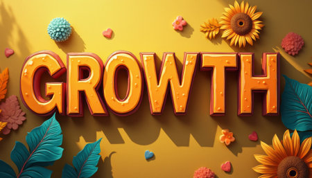 The bold, orange 3D letters of GROWTH stand out against a sunny yellow background, adorned with playful flowers and lush green leaves. This lively composition symbolizes positivity and flourishing, inviting viewers to embrace personal and collective growth in a vibrant, cheerful atmosphere.の素材