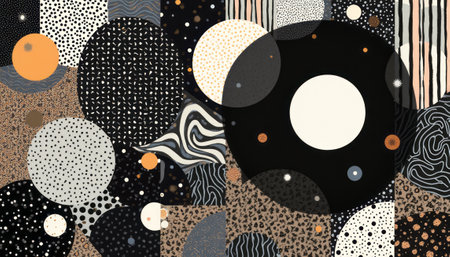 An eye-catching collage of abstract patterns featuring bold circles and diverse textures creates a striking visual experience. The interplay of black, white, and earthy tones evokes a sense of modern artistry, inviting viewers to explore the depths of creativity and design.の素材