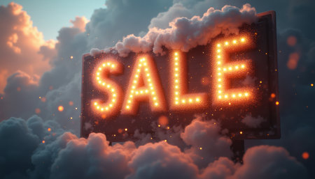 A dazzling SALE sign, adorned with bright lights, bursts through a dreamy cloudscape, creating an inviting and whimsical atmosphere. This captivating image evokes excitement and urgency, perfect for promoting special offers and discounts.の素材