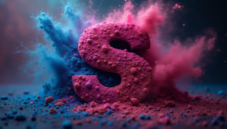 A striking letter S emerges from a vibrant explosion of pink and blue powder, creating a captivating visual spectacle. The dynamic interplay of colors and textures evokes a sense of energy and creativity, making it perfect for artistic and promotional uses.の素材