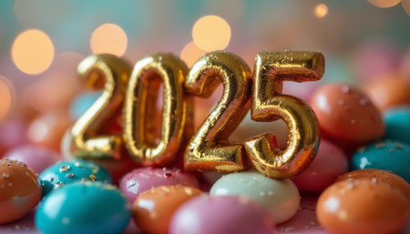 The gleaming golden numbers 2025 stand proudly atop a vibrant bed of pastel-colored eggs, creating a festive and cheerful atmosphere. This delightful composition captures the essence of celebration and new beginnings, perfect for welcoming the upcoming year with joy and optimism.の素材