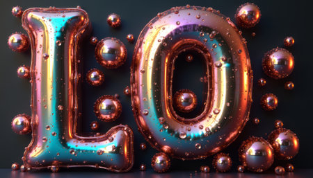 A dazzling display of shiny metallic balloons forms the letters Lo, surrounded by glimmering bubbles that create a festive atmosphere. The vibrant colors and reflective surfaces evoke a sense of celebration and joy, perfect for party themes or cheerful occasions.の素材