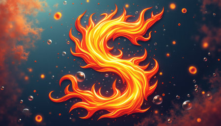 A stunning depiction of the letter S crafted from vibrant flames, radiating energy against a dark, atmospheric background. The fiery design is complemented by luminous bubbles that float around, creating a dynamic and captivating visual experience.の素材