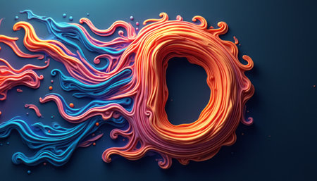 A captivating composition features a bold letter D crafted from swirling, colorful lines that evoke a sense of movement and energy. The vivid hues of orange, pink, and blue intertwine, creating a mesmerizing visual that sparks creativity and imagination.の素材