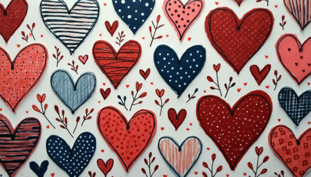 A delightful array of hearts in vibrant reds, blues, and pinks creates a playful and romantic atmosphere. Each heart features unique patterns, from stripes to polka dots, surrounded by charming floral accents that enhance the whimsical feel of the design.の素材